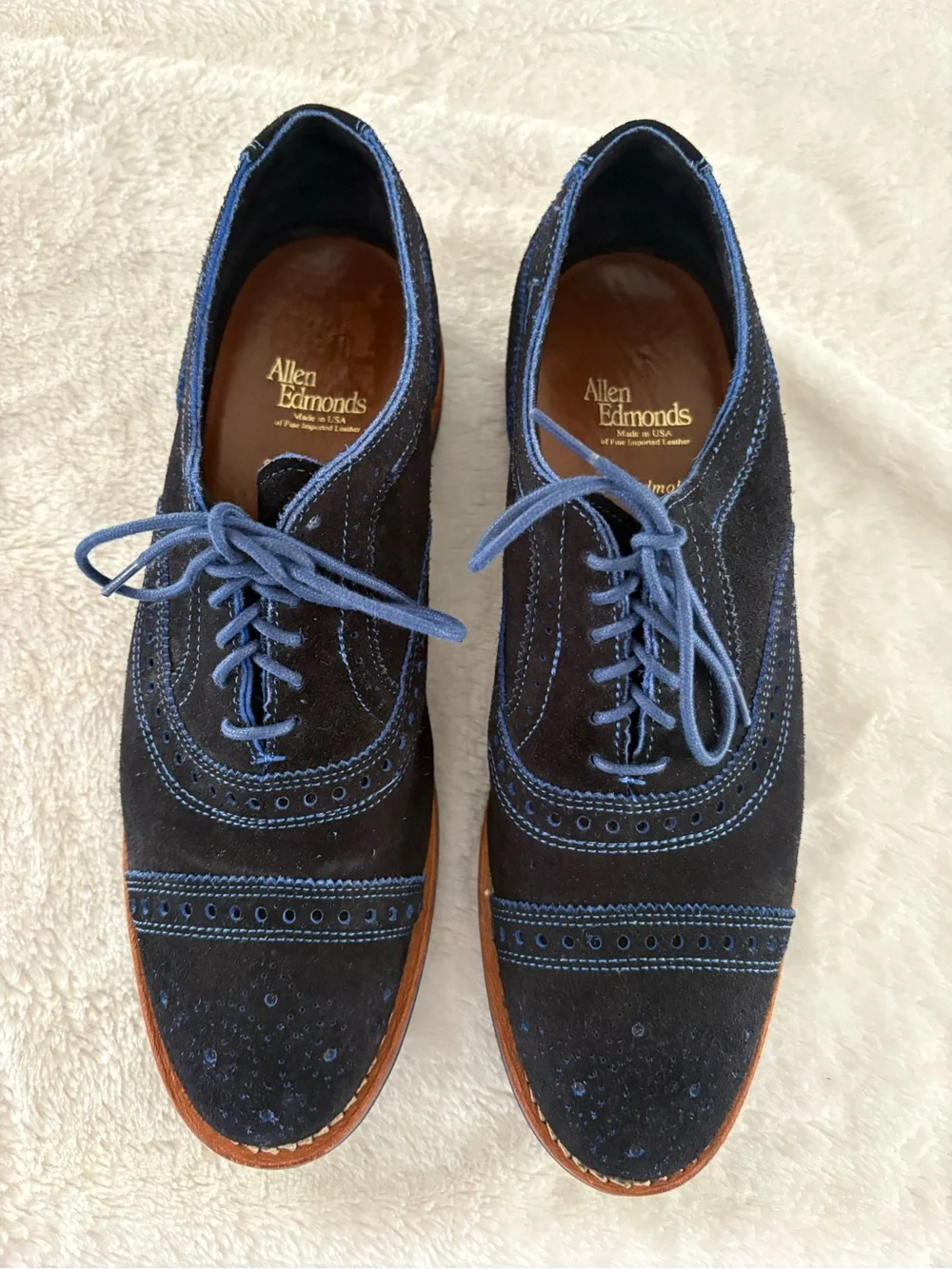 Allen Edmonds Strandmok men’s blue suede dress shoes Oxford cap toe size 8.5
